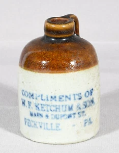 W. F. Ketchum Miniature Stoneware Script Jug Peckville Pa 3 1/4" Tall - Picture 1 of 7