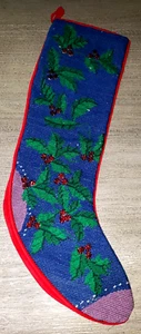 NEEDLEPOINT CHRISTMAS STOCKING HOLLY BEADS WOOL 22.5 INCH LINED VELVET BACK NICE - Picture 1 of 2