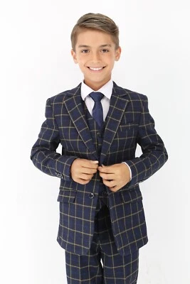 Boys Navy Blue Retro Check Suit - Formal Outfit for Special Events 1-16 years - Image 1 of 4