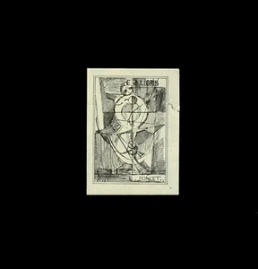 E. Poncet Ex Libris cubiste rare signé J. C. 58 (1958) bibliothèque bibliophile - Picture 1 of 2