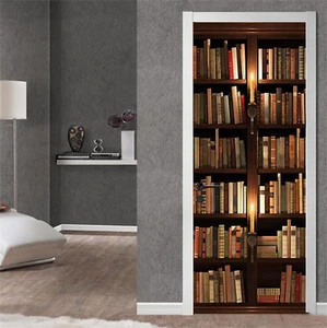 3D Retro Book Shelf Peel and Stick Door Sticker Murals Wallpaper for Home Decor - Picture 1 of 6