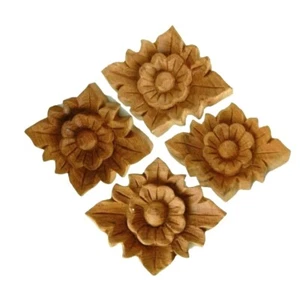 x4 Vintage Holz geschnitzt Teakholz Blume Thai Design Wandkunst Paneel Wohnkultur - Bild 1 von 11