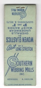 Southern Webbing Mills Greensboro North Carolina Vintage Matchbook Cover MO30 - Picture 1 of 2