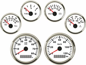 6 Gauge Set 85MM GPS Speedometer 120KM/H Tacho Fuel Volt Oil Pressure Temp White - Picture 1 of 7