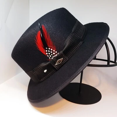 Mens Classic Black Felt Lowrider Hat Fedora Red Black  Feather - Image 1 of 4