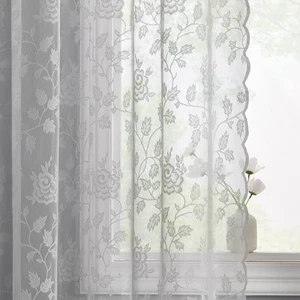 Grey Sheer Lace Curtains, Country Vine Floral Embroidered Lace Curtains 63 In... - Picture 1 of 7