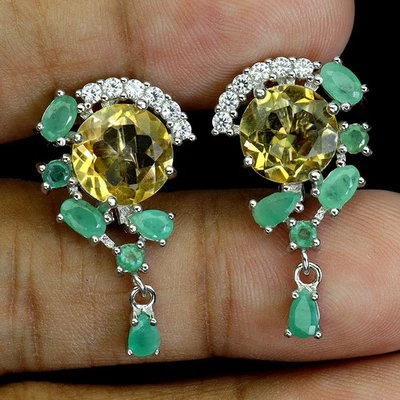 925 Sterling Silver Earrings Round Citrine 10mm Emerald Natural Gemstone Jewelry - Image 1 of 4