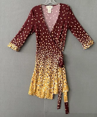 Julie Brown женщин темно-бордовый желтый абстрактный печать 3/4 рукав струящийся надежном платье M - Изображение 1 из 4