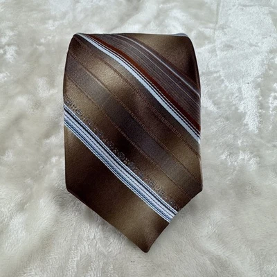 Мужской галстук Sears Perma-prest полиэстер США коричневый, золотисто-серый, белые полосы - Изображение 1 из 4