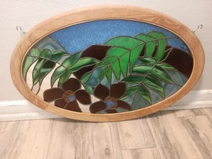 Stained Glass Leaded Sun Catcher Oak Frame Leaves Flowers 31" 5/8"x 20" 5/8" - Picture 1 of 23