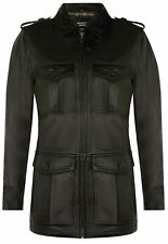 Men’s Black Leather Parka Coat Safari Casual Multi-Pocket Trench Reefer Jacket