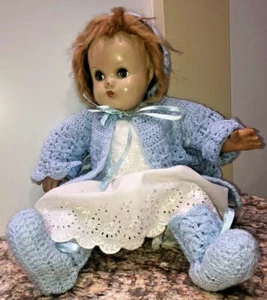 Vintage COMPOSITION doll with crochet outfit Plastic arms legs, sleepy eyes - Picture 1 of 11