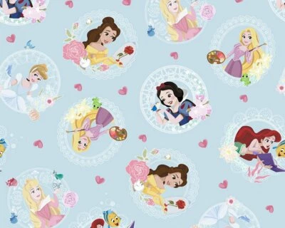 LITTLE JOHNNY Disney Princess Sky Blue 100% Cotton Fabric - HALF METER - 58" / 147cm Wide