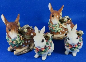 FITZ & FLOYD: "Snowy Woods" ZWEI liegende Rehkitze und ZWEI sitzende Schneehasen - Nachlass - Bild 1 von 8