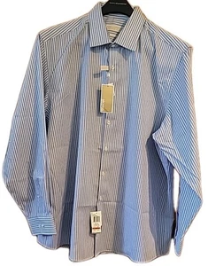 Michael Kors No Iron Cotton Men Dress Shirt Sz 18 34/35 White Blue Stripe Button - Picture 1 of 17