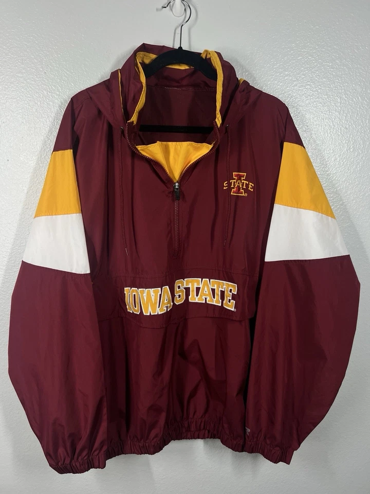 Iowa State Cyclones Pullover Hooded Nylon Track Jacket Red XL 90s Russell VTG - Image 1 of 4
