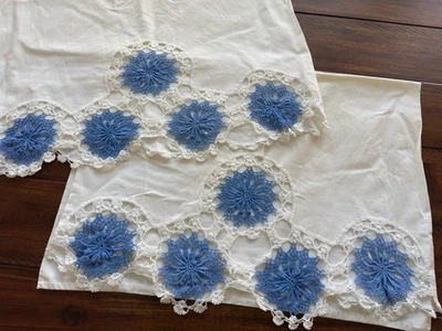2 fundas de almohada de algodón vintage estándar azul y blanco ganchillo elegante borde de encaje Foto 1 de 4