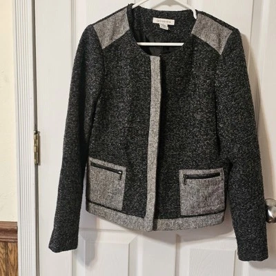 Blazer Liz Claiborne Mujer Tweed Mezcla Lana Cremallera Completa Negro Gris Bolsillo Grande Foto 1 de 4