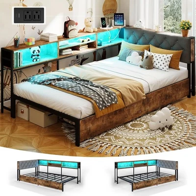 Cabecero tapizado de sofá cama tamaño doble 2 cajones de almacenamiento marco de cama para niños adolescentes Foto 1 de 4