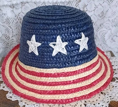 NWOT CHILD'S RED/WHITE/BLUE STRAW FEDORA HAT WITH EMBROIDERED RAFFIA STARS - Image 1 of 4
