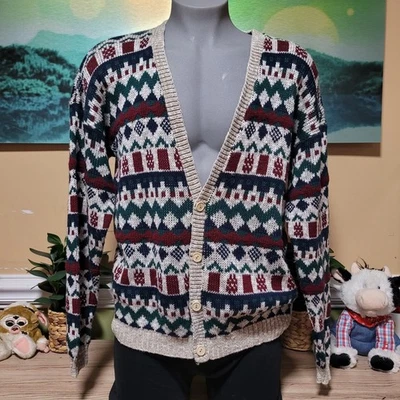 NUEVO ERA Hombres XL Acrílico Geométrico Fair Isle Cárdigan Suéter Hecho en EE. UU. Abuelo Foto 1 de 4