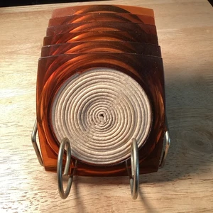 Vintage. Mid Century Bernstein Quadratische Untersetzer 6er Set mit Gold Messing Caddy, Made USA - Bild 1 von 9