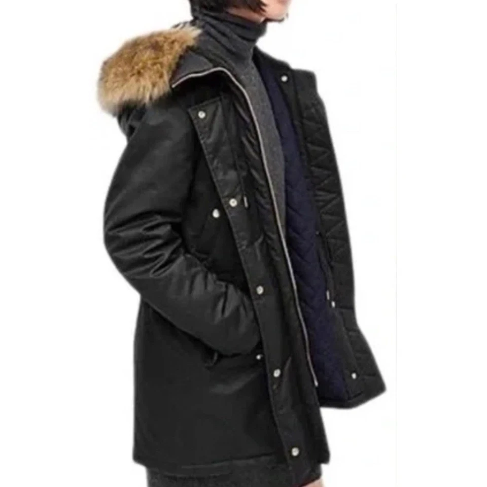 Parka de invierno J.Crew Perfect abrigo ecológico negro capucha de piel sintética para mujer talla M Foto 1 de 4