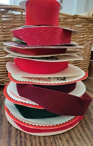 Lot of 7 Vintage partial spools Velvet Ribbon Red Green Burgundy Sparkle Veltex - Picture 1 of 7