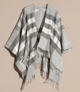 NWT Burberry Collette Cashmere Merino Wool Check Fringe-Trim Cape Poncho Grey - Picture 1 of 15
