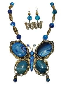 Blauer Edelstein Achat großer Schmetterling Handarbeit Halskette Ohrringe Unikat - Bild 1 von 7