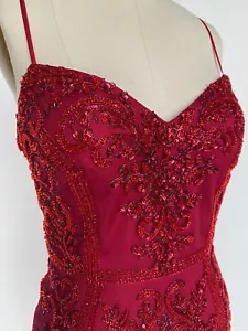 Red Prom Dress Size 6 Sheer Beaded Dress Long Sequin Gown Cranberry Dress Sz 6 - Picture 1 of 6