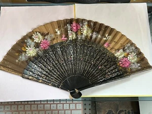 Antique Folding HAND FAN Hand Painted Pierced Wood & Cloth - Floral Design - Picture 1 of 17