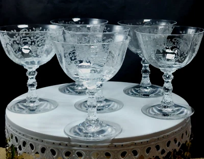 Vtg FOSTORIA 'Meadow Rose' Champagne Coupe Cocktail Glass x6 Etched R3 - Image 1 of 4
