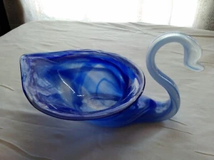 Vintage Mid Century Modern Hand Blown Art Glass Swan Bowl Blue & White Swirl - Picture 1 of 4