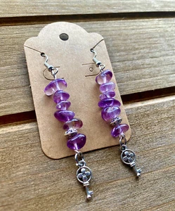 Amethyst Dangle Earrings Handmade With Key Pendant Stainless Steel - Picture 1 of 2