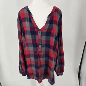 Modcloth Popover Top Button Front Plaid Top Blouse Red Blue Women's Size XL - Picture 1 of 8