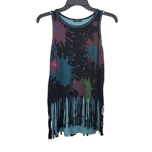 Libertalia Vintage Girls Black Aqua Paint Splatter Hippie Fringe Layered Tank XL - Picture 1 of 6