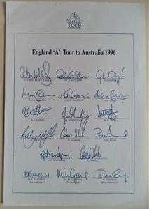 ENGLAND ‘A’ TO AUSTRALIA 1996 CRICKET OFFICIAL AUTOGRAPH TEAM SHEET - Picture 1 of 2