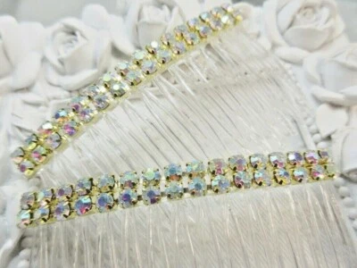 Double Row AB Clear Crystal rhinestone Hair comb Pair gold tone settings - Image 1 of 4