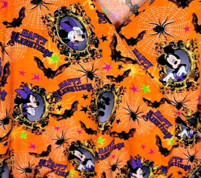 DISNEY Scrub Top Halloween Sz XL Nurse CNA Tech Orange Mickey Minnie Spider Web - Image 1 of 4
