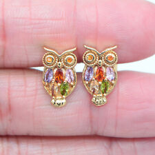 18K Yellow Gold Filled Women Multicolour Mystic Topaz Lovely Owl Stud Earrings