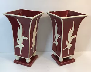 Vintage Czechoslovakian Dark Red Pottery Set Floral Vases MCM #7983 Pair - Picture 1 of 12