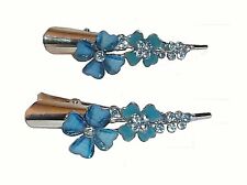 hair barrette metal blue enamel flowers iridescent rhinestones 3" long set of 2
