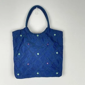 East Additions Silk Evening Bag Blue Embroidered Mirror Beading Round Handles - Picture 1 of 9