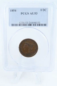 1854-P PCGS AU53BN Braided Hair Half Cent Business Strike 1/2C - Picture 1 of 2