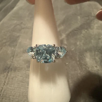 Anillo Bomba Bp Triple Piedra, Aguamarina y Topacio Blanco Banda Chapada en Rodio Talla 6 Foto 1 de 4