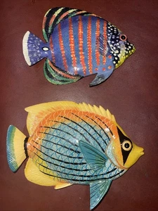 2 Handpainted 6” + 5” Blue Yellow Tropical Fish Replica Wall Mount Art - Picture 1 of 6