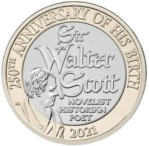Moneda de 2 libras Sir Walter Scott BUNC 2021 (del conjunto anual Royal Mint) - Imagen 1 de 2