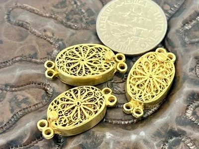 3 Pcs Vintage 2 Strand 10x20mm Filigree Box Clasps Gold Sterling Silver Oval NOS - Image 1 of 4