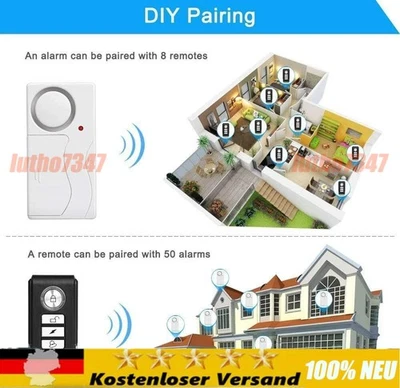 110dB Funk Einbruchschutz mit Fernbedienungen Tür Fensteralarm Alarmanlage Weiß - Bild 1 von 4